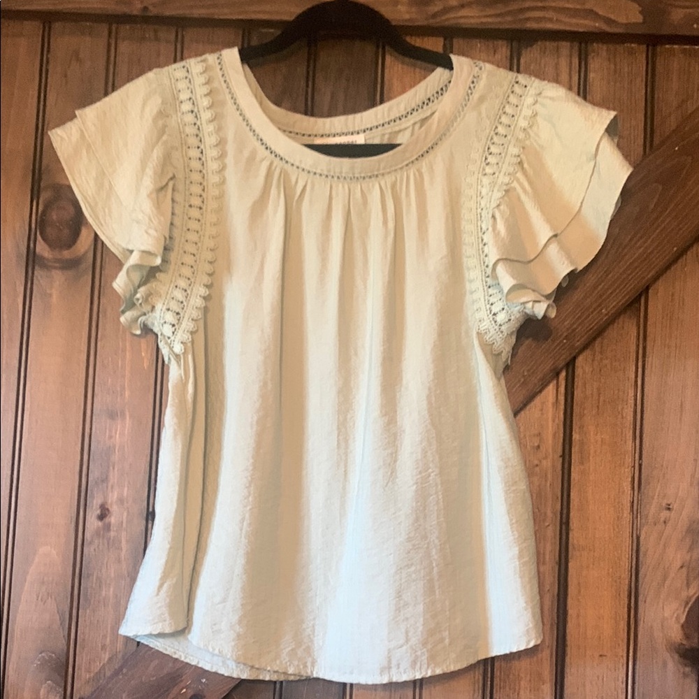 Blu Pepper light sage green Flutter Sleeve Blouse with Ruffled Details